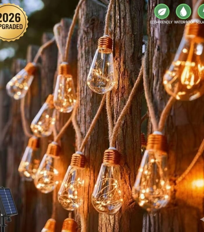 Luci Solari Vintage in Corda di Canapa 2026, 7M 16 Lampadine Impermeabili per Decorazione Giardino, Luci Fatate per Patio, Gazebo, Recinzione, Cortile